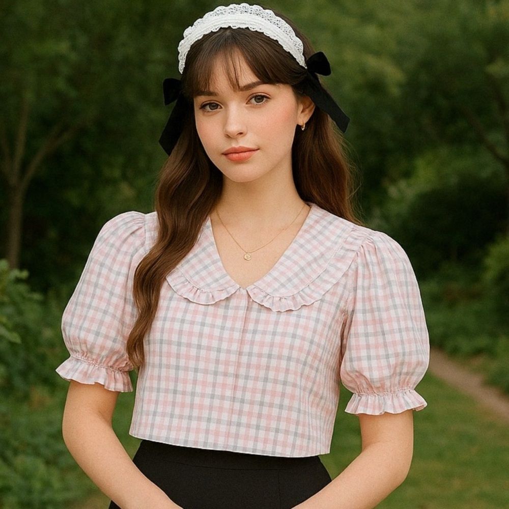 French Connection Yaki Cropped Blouse Top Womens Large Pink Gingham Fairycore